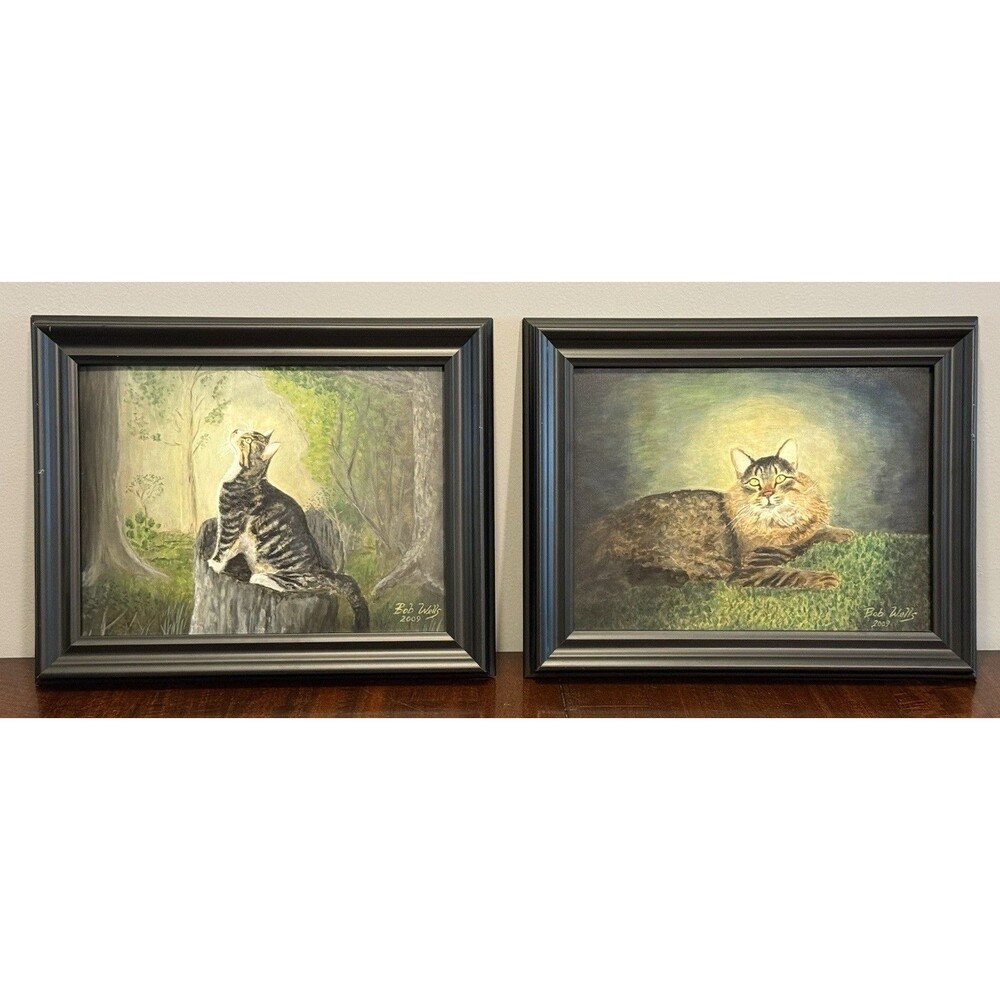 Original Bob Wells Cats Oil Paintings Diptych Signed & Framed 2009